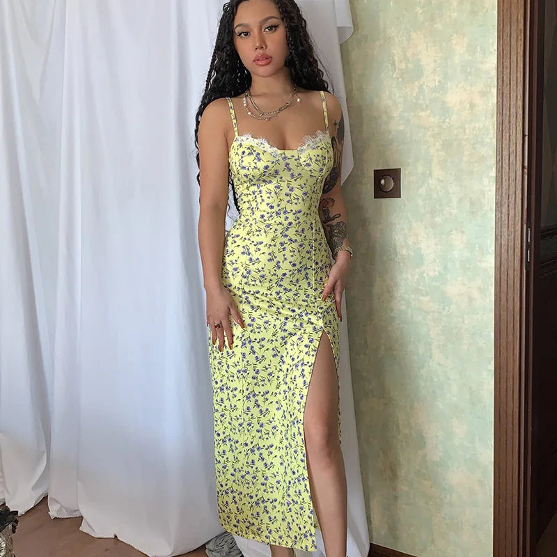 Ladies Summer Floral Print Fashion Evening Party Dress Women Sleeveless Backless Side Slit Midi Dresses Woman Clothes Clubwear