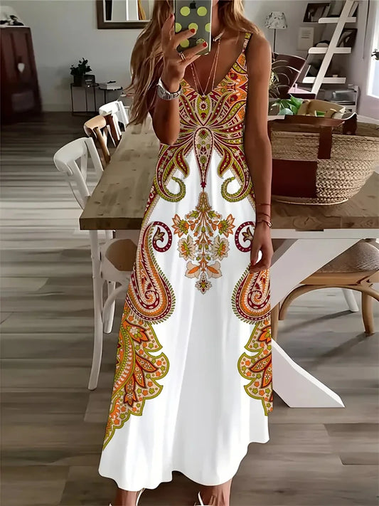 Summer Women's Fashion Vintage Print Maxi Dress Casual Elegant Sleeveless Halters Evening Dress Bohemian Style Women's Dress