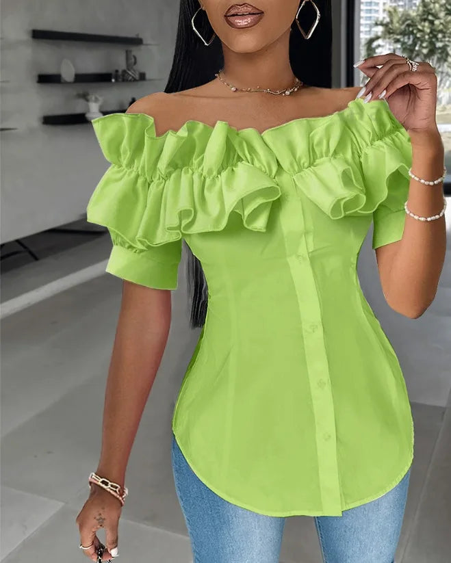 Sexy One-piece Collar Slim White Shirt And Blouses Women's Summer Short Sleeve Fashion Ruffle Button Cardigan Female Shirts Top