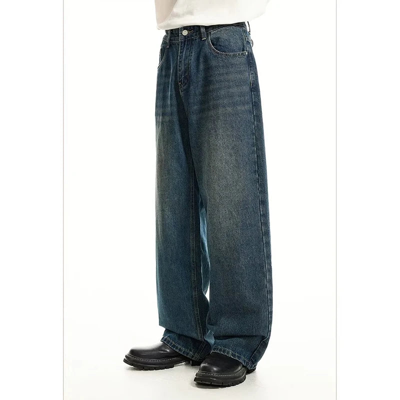 Men Classic Straight Leg Casual Jeans Male Brand Wide Leg Black Denim Pants Simple Vintage Outside High Street Denim Trousers