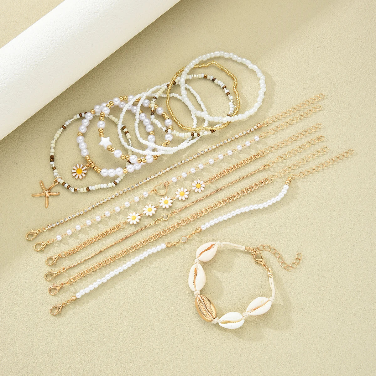Boho Daisy Starfish Rice Beads Bracelets for Women Stacked Heart Imitation Pearl Chain Bracelet Fashion Jewelry Beach Summer