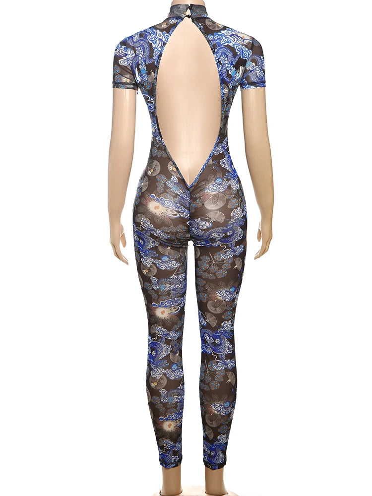 Nibber Colorful Print Jumpsuit Women Mesh  See Through Coquette Summer Backless Peach Buttocks Tight Activity Clubwear Overalls