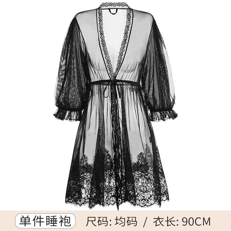Black Satin Kimono Bridal Robe Lace Lingerie Women Sleepwear Pajamas Pure Ice Silk Wedding Morning Bathrobe Bridesmaid Robes