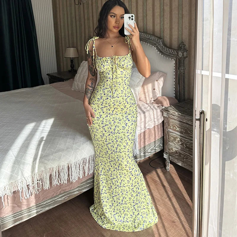 Ladies Summer Floral Print New Fashion Evening Party Dress Sleeveless Backless Sexy Long Dresses Woman Clothes Birthday Clubwear