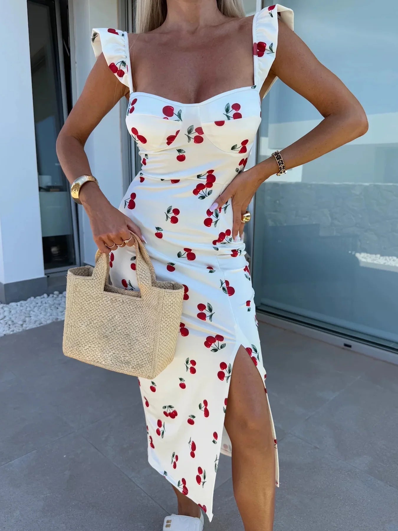 European and American summer new elegant design French flower suspender slit midi-length ladies dress