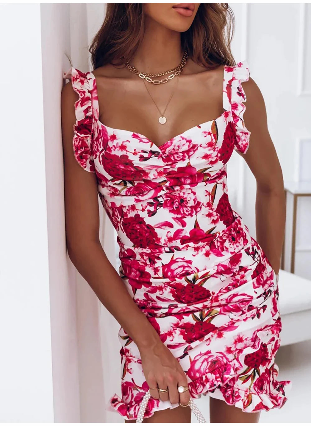 Summer Sexy Floral Bodycon Mini Dress Women 2024 Fashion Sleeveless Bandage Tunics Party Dresses Casual Red Ruffles Sundress