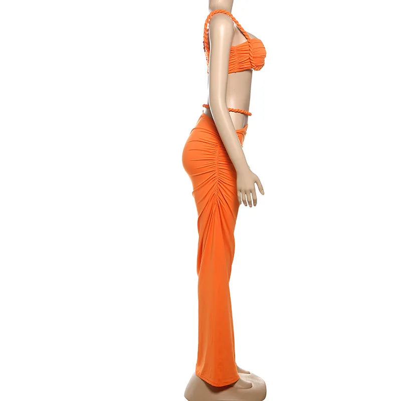 Ladies Summer Party 2 Piece Skirt Set Women Sleeveless Backless Crop Top Long Skirts Matching Sets Club Streetwear Woman Clothes