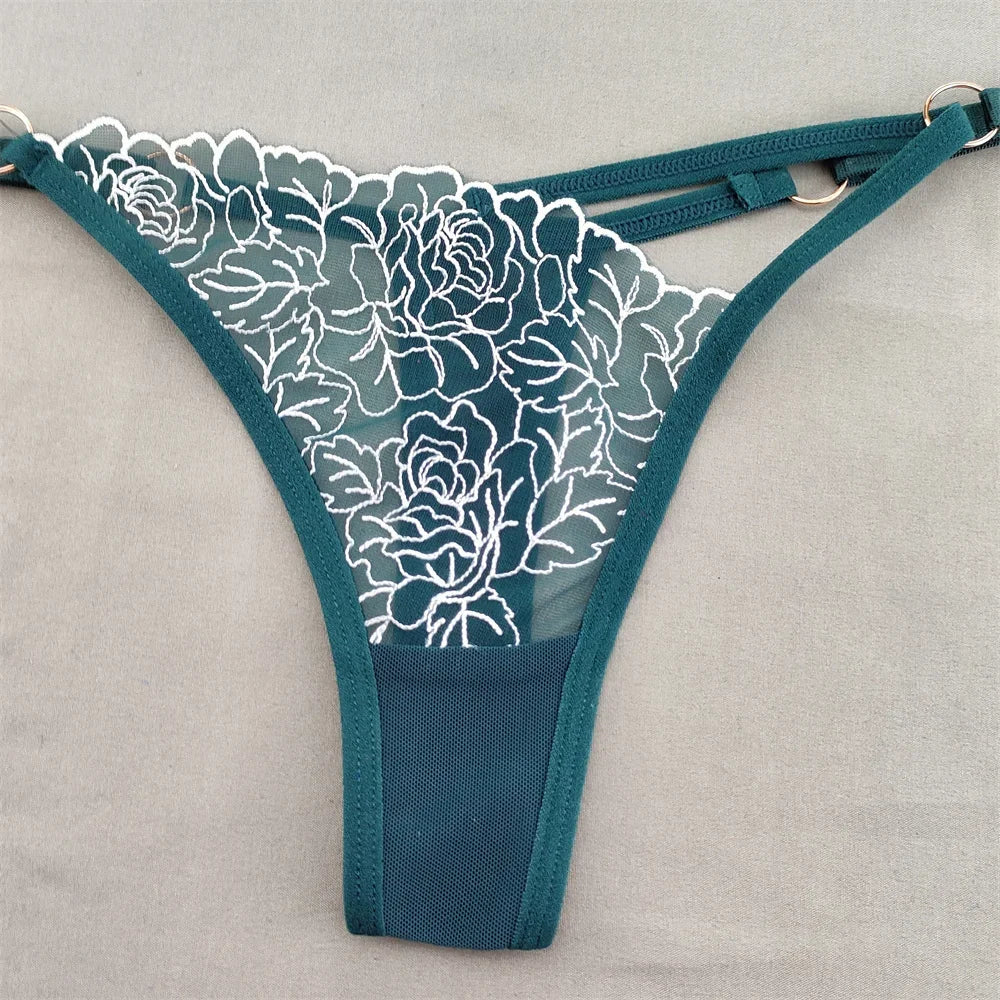 3pcs V-shaped Sexy Lace Floral Thong Women Hollow Out V-Strings Adjustable Belt Transparent Underwear
