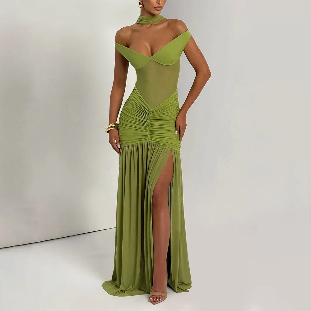 Ladies Summer Elegant Evening Party Dress Women Sleeveless Backless Side Slit Mesh Long Dresses Woman Clothes Birthday Clubwear