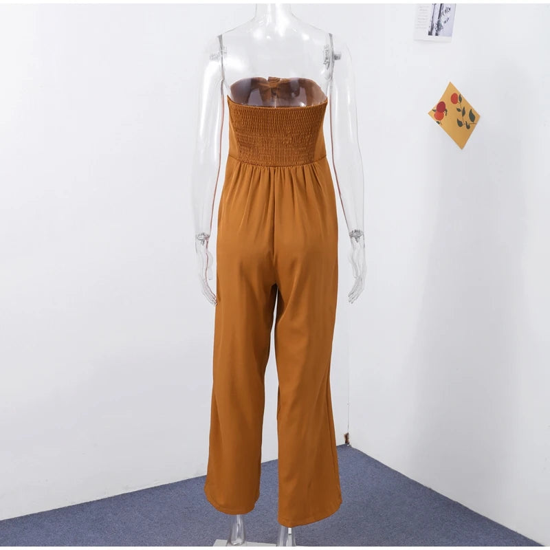 Sexy Backless Women's Jumpsuits Solid Off Shoulder Waist Cinching Pockets Wide Leg Pants Lady Bodysuit Summer Female Outwears