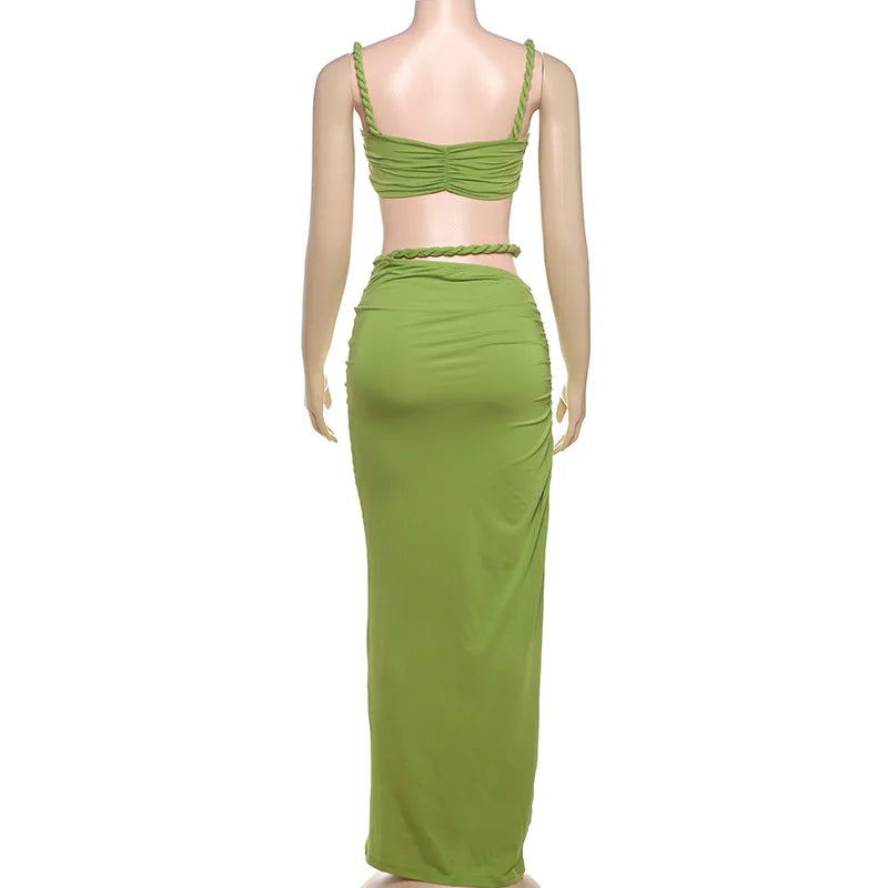 Ladies Summer Party 2 Piece Skirt Set Women Sleeveless Backless Crop Top Long Skirts Matching Sets Club Streetwear Woman Clothes