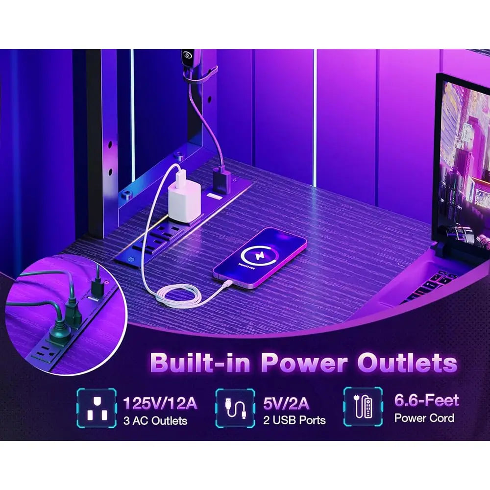 43 H L Shaped Desk With Led Lighting, Reversible Gaming Desk With Power Outlets, Cornor Computer Table With Storage Shelves &