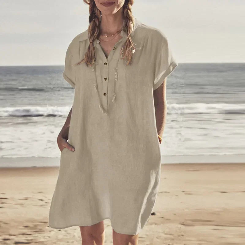 Women's L-5XL Plus Size Summer Cotton and Linen Short Sleeved Button Dress with Lapel Pockets Solid Color Loose Fitting Dress