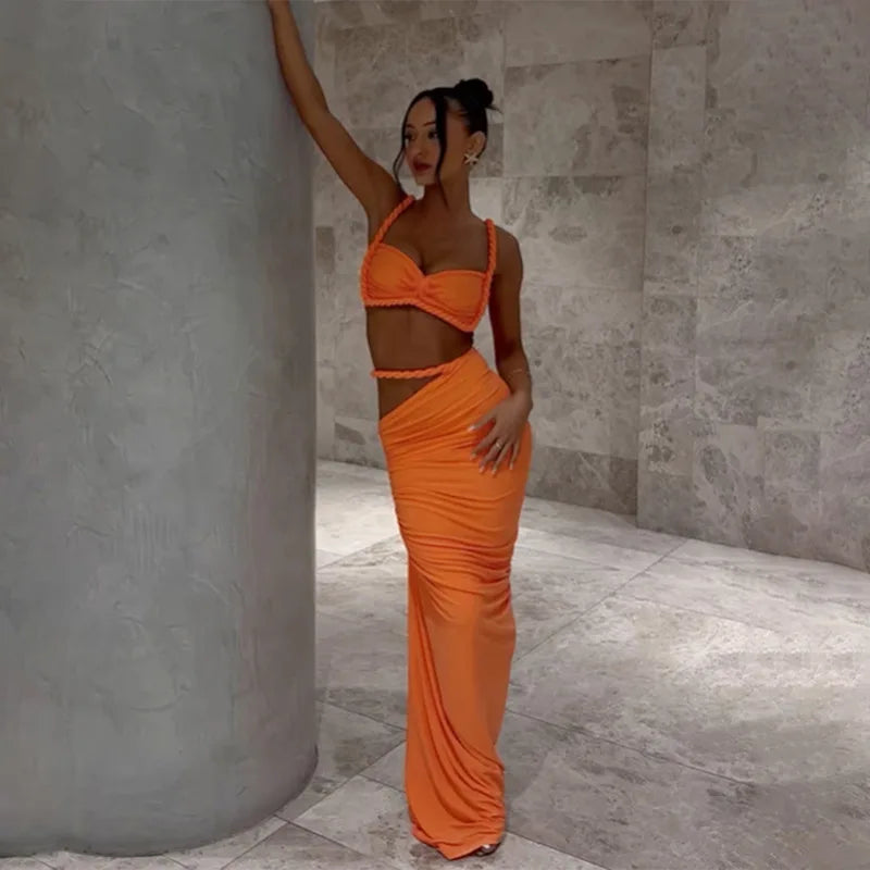 Ladies Summer Party 2 Piece Skirt Set Women Sleeveless Backless Crop Top Long Skirts Matching Sets Club Streetwear Woman Clothes