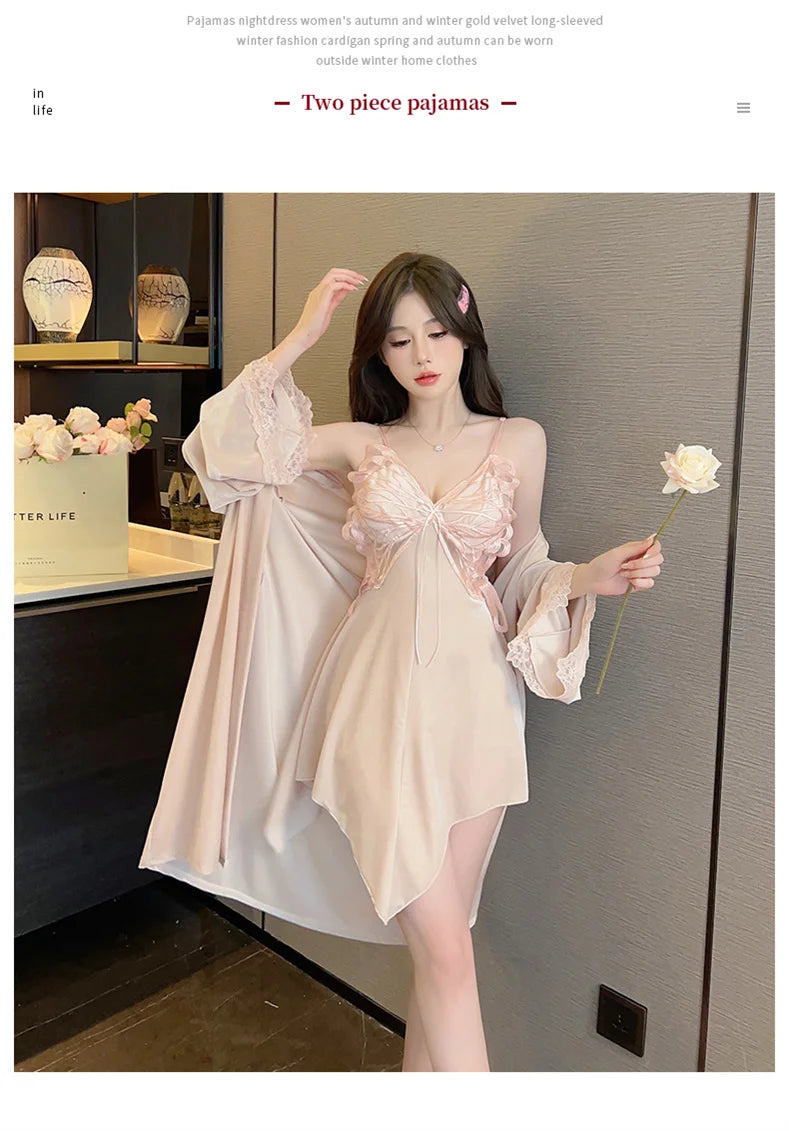 Summer Sling Lace Women's Underwear Two-Pieces Set Satin Silk Sleepwear Butterfly Embroidery Backless Nightdress