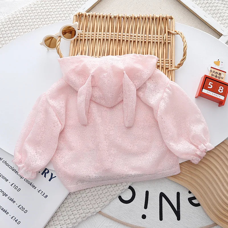 Baby Girls Sun Protection Jackets Summer Long Sleeve Rabbit Ear Hooded Lace Sunscreen Jacket Girs Lightweight Thin Outerwear