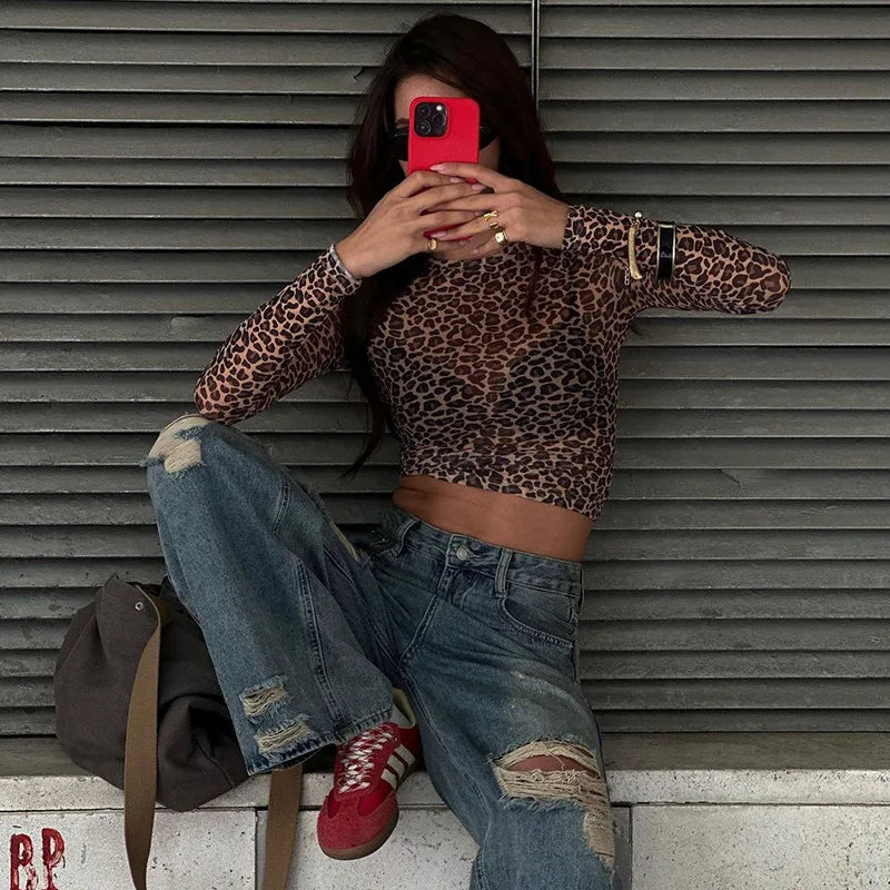 Ladies summer Leopard Print Clubwear Y2K Clothes Women Long Sleeve O-Neck Mesh See Through Slim T Shirt Holiday Streetwear Tees