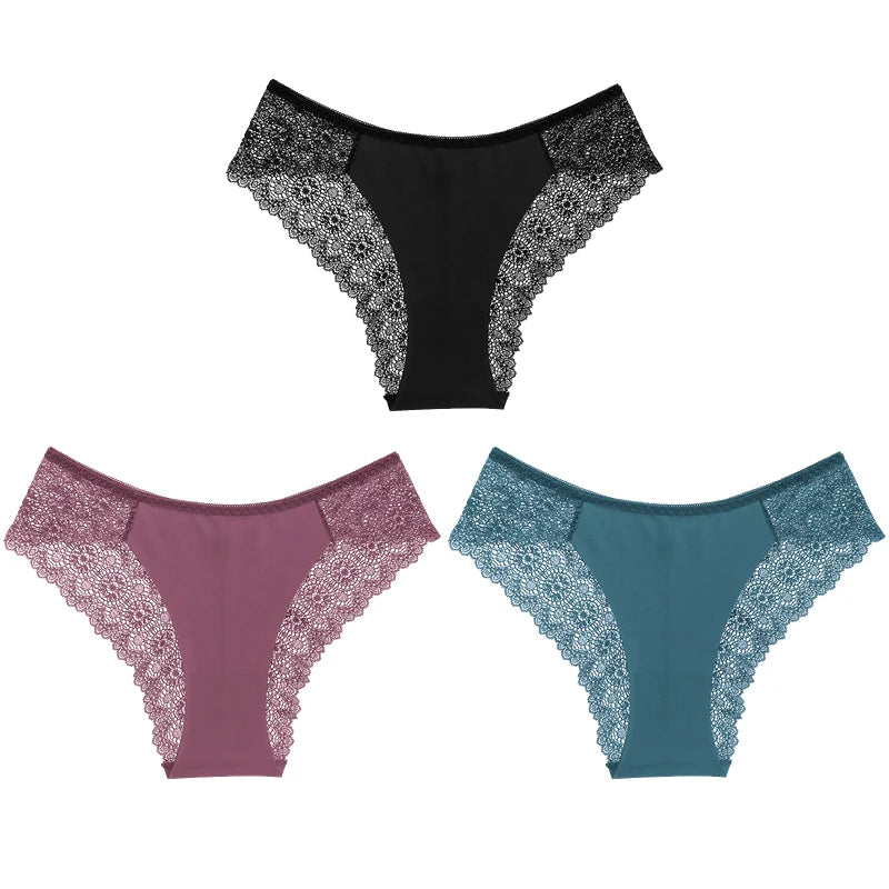 TrowBridge 3PCS/Set Sweet Women's Panties Silk Satin Underwear Lace Sexy Lingerie Girls Breathable Briefs Soft Comfortable Panty
