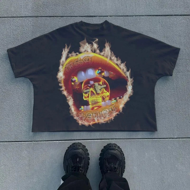 Y2K vintage men t shirts gothic print pattern Streetwear oversized t shirt Hip Hop men women Harajuku Punk Cotton Loose t shirt