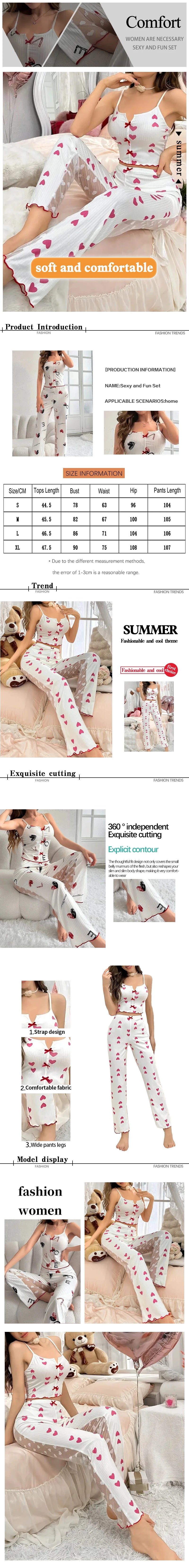 Women's Sexy Two-Piece Pajama Set Printed Lace Patchwork V-Neck Strap Top with Back Lace Detail Comfortable Sleepwear
