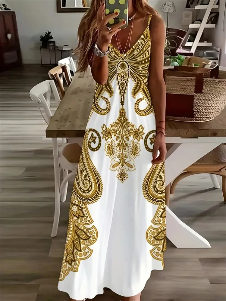Summer Women's Fashion Vintage Print Maxi Dress Casual Elegant Sleeveless Halters Evening Dress Bohemian Style Women's Dress