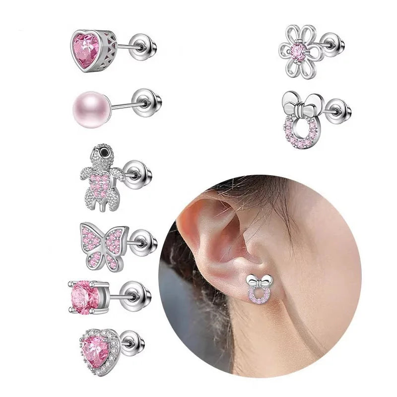 1 or 4 Pair Hypoallergenic Surgical Stainless Steel Earrings for Girls Kids Women Screw Back Earrings Flower Butterfly Toddler