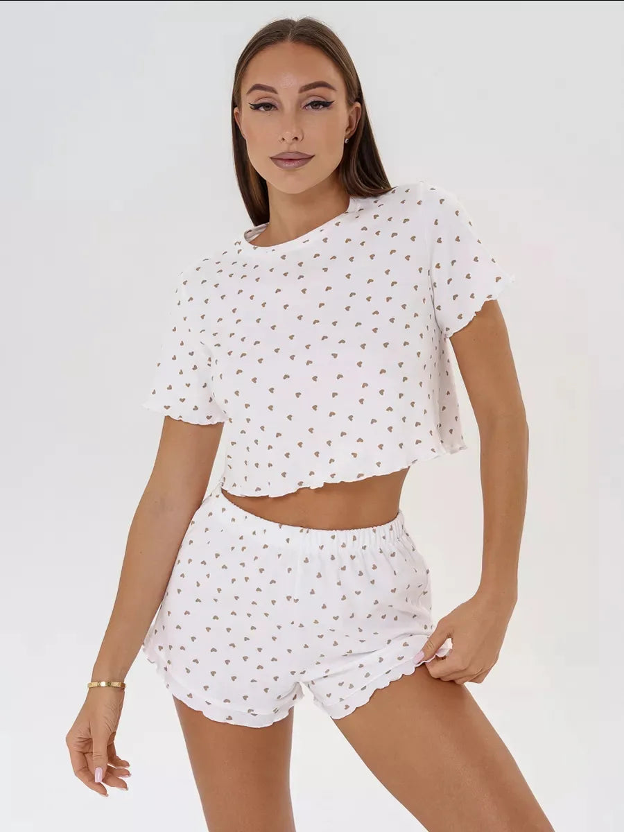 New Summer Women's Pajama Set, Cotton-blend Home Wear With Heart Print, Casual Round Neck Short Sleeve Shorts Two-piece Set