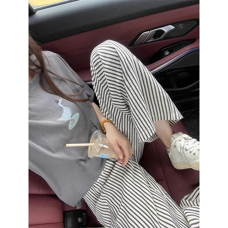 Pajama Pants Striped Spring Summer Long Premium Feeling Home Pants Student Straight Pants Elastic Waist Women Sleeping Pants
