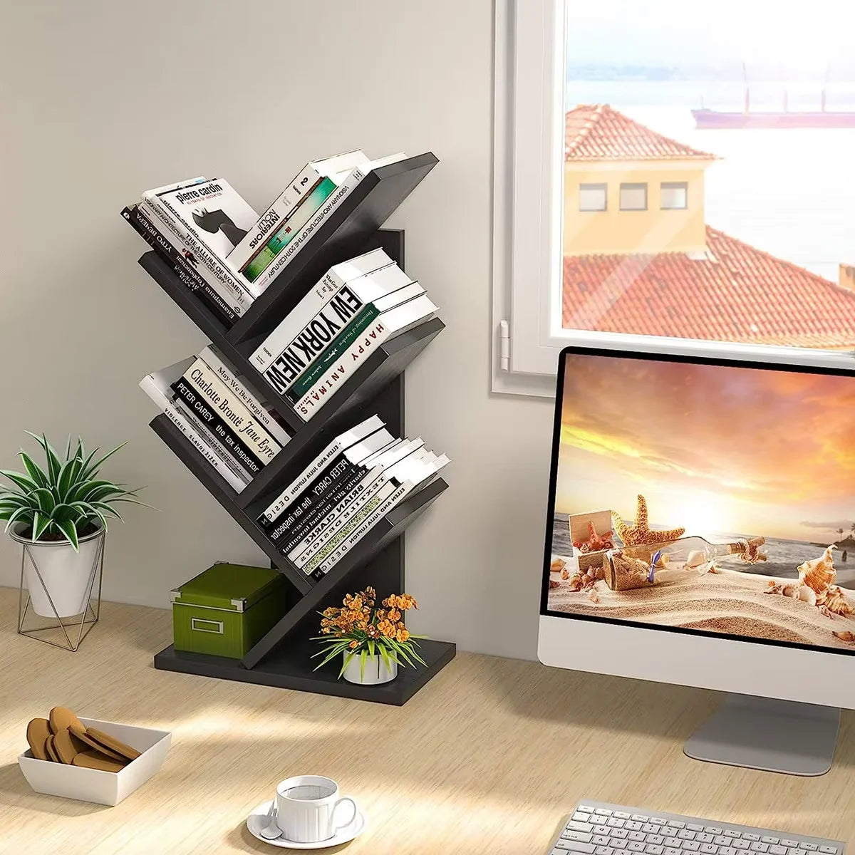 4 Tier Floor Standing Bookcase for CDs/Magazine/Books,Small Book Organizer for Bedroom,Living Room,Office, 4-Tier Tree Bookshelf