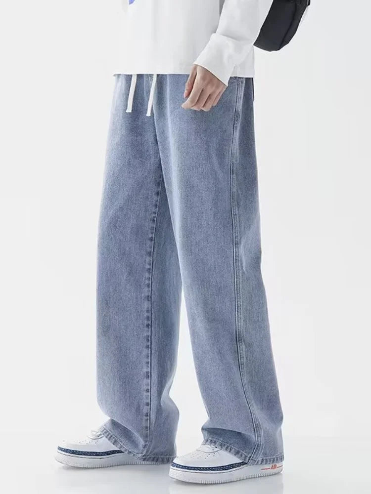 Korean Solid Colors Men's Casual Long Jeans Classic Man Four Seasons Straight Denim Wide-leg Pants Light Blue Grey Black S-3XL