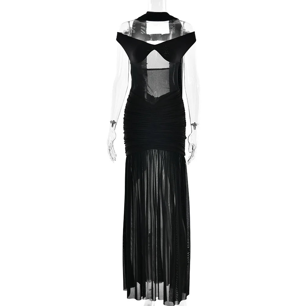 Ladies Summer Elegant Evening Party Dress Women Sleeveless Backless Side Slit Mesh Long Dresses Woman Clothes Birthday Clubwear
