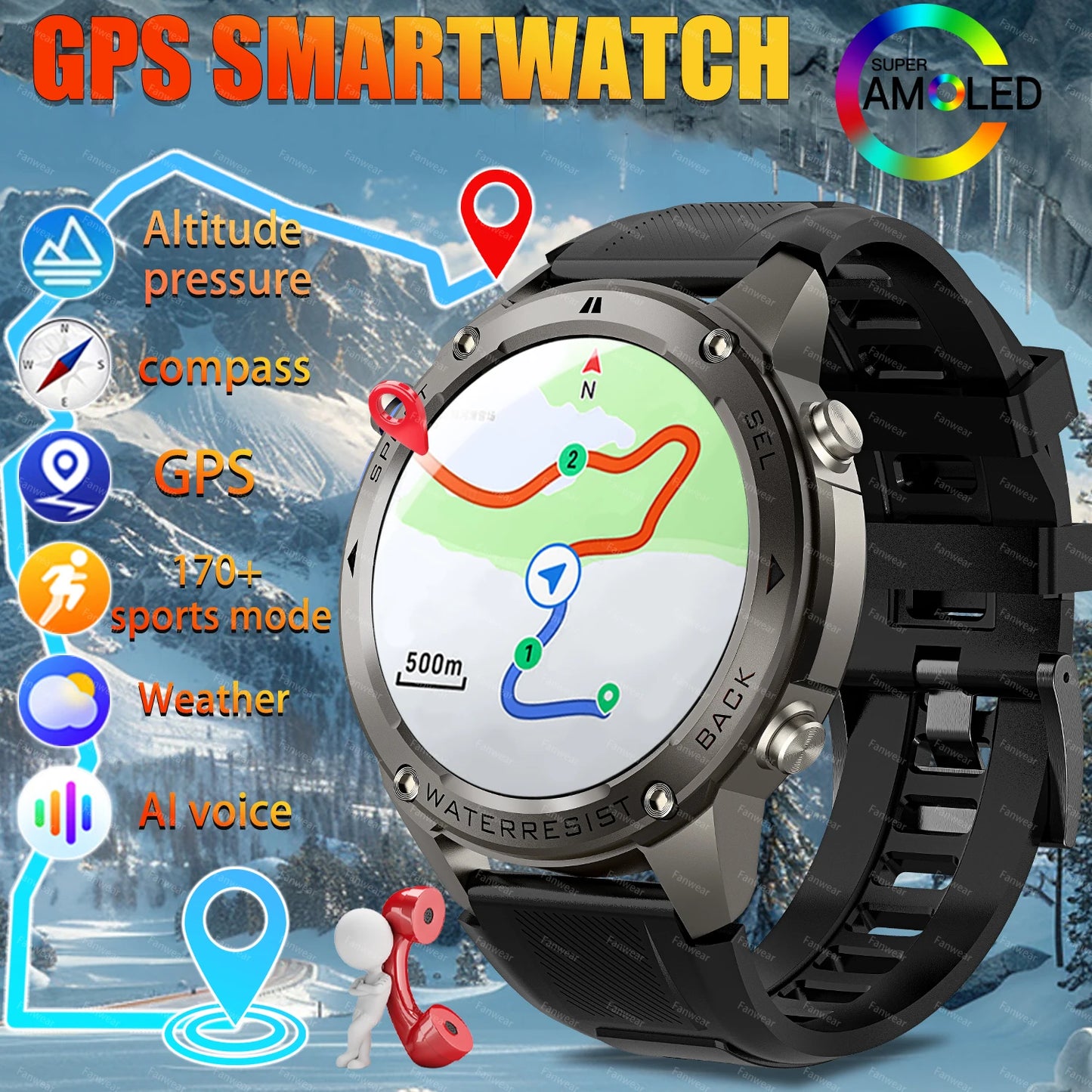 Fanwear T-Rex 3 GPS outdoor sports smart watch, 5ATM swimming smart watch, compass, barometric altitude, Bluetooth call, Valenti