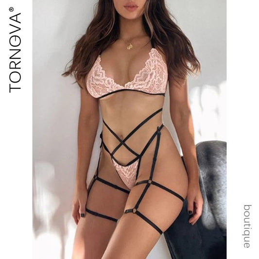 Tornova Sexy Halter Underwear Suit Women's Sexy Lace Mesh Patchwork Hollow Out Garters Lingerie Sexy Contrast Color Lingerie Set