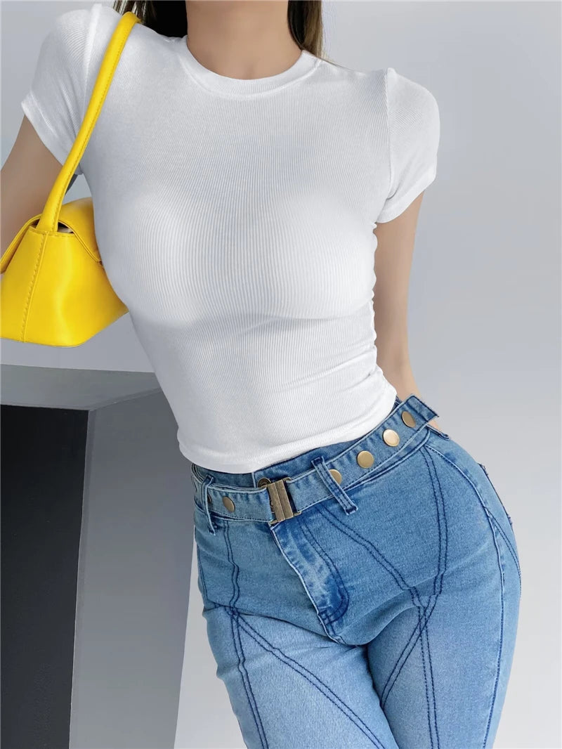 LUNDUNSHIJIA 2024 Summer Sexy Women Basic O-neck Short Sleeve T-shirt Ladies Slim Elasticity Cotton Tee Tops 12 Colors