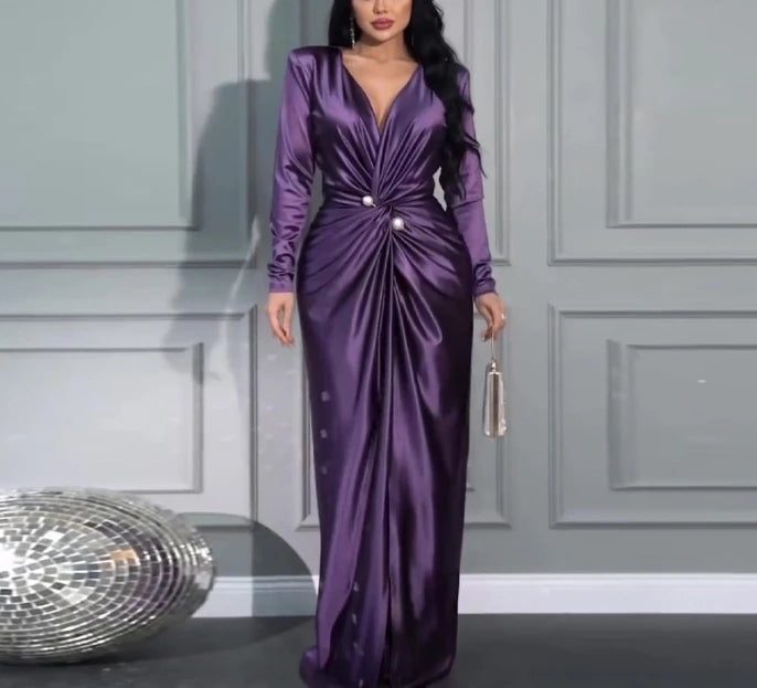 2025 autumn new style light mature style V-neck fashionable elegant pleated waist long sleeved evening dress long skirt