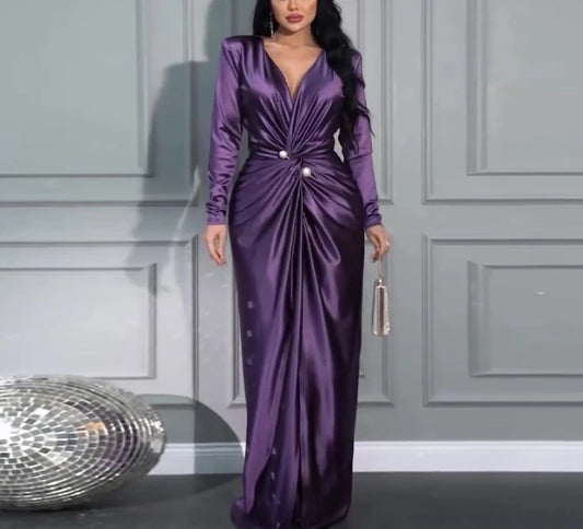 2025 autumn new style light mature style V-neck fashionable elegant pleated waist long sleeved evening dress long skirt