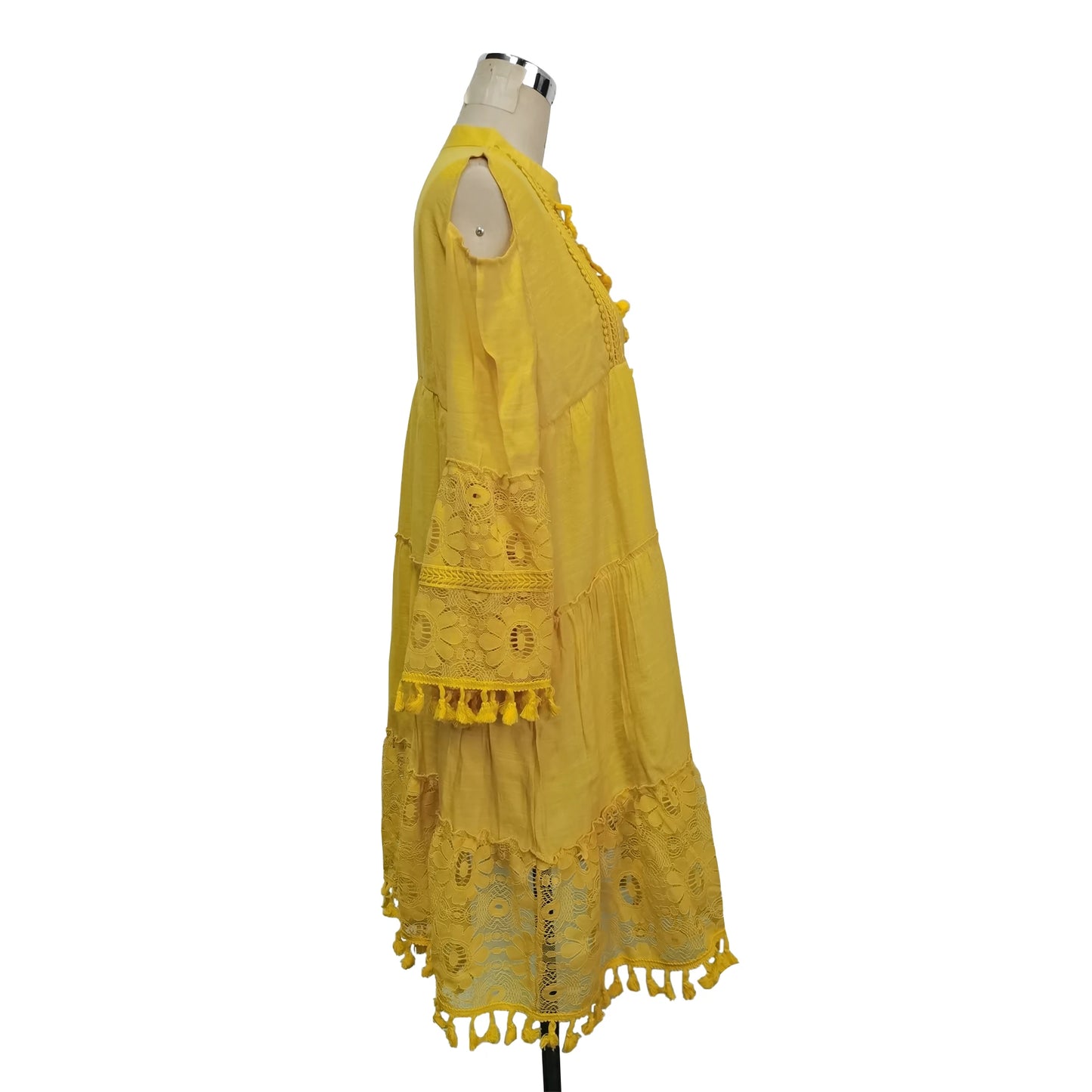 New Spring Embroidery Crochet Lace Boho Dress Women Elegant Off Shoulder Tassel Ruffle Mini Dress Summer V Neck Lady Beach Dress