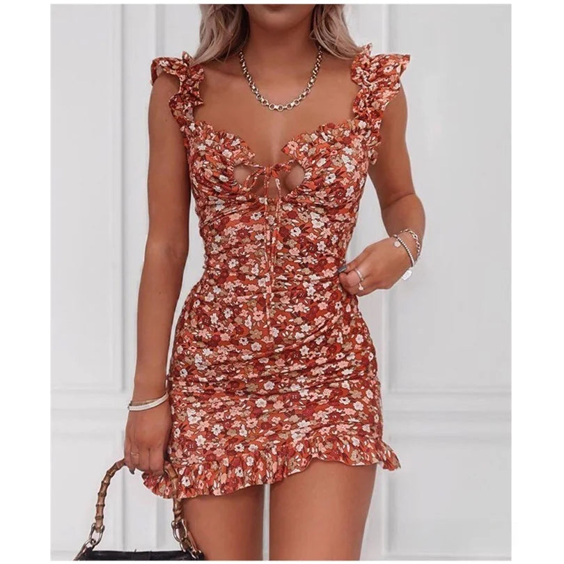 Floral Print ort Dr Women's Faion  Skirt Sle High Waist No Sve Floral ter Ne Gown Spring Season Polyeste...