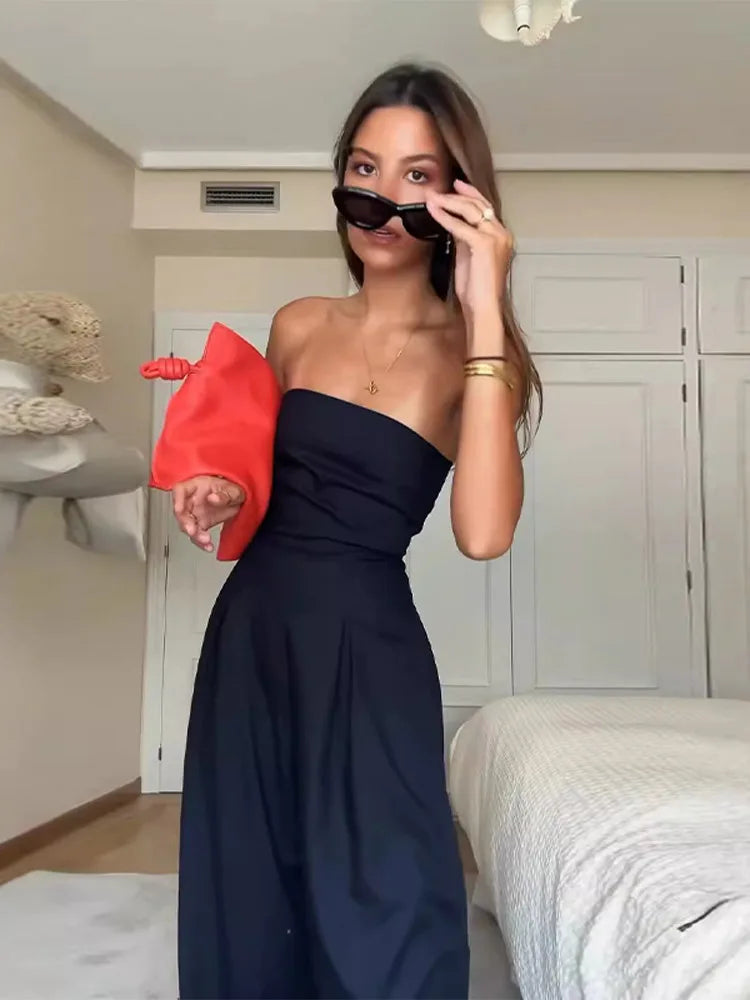 Sexy Backless Women's Jumpsuits Solid Off Shoulder Waist Cinching Pockets Wide Leg Pants Lady Bodysuit Summer Female Outwears
