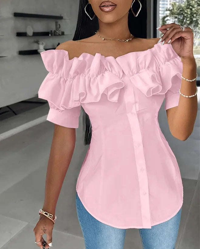 Sexy One-piece Collar Slim White Shirt And Blouses Women's Summer Short Sleeve Fashion Ruffle Button Cardigan Female Shirts Top