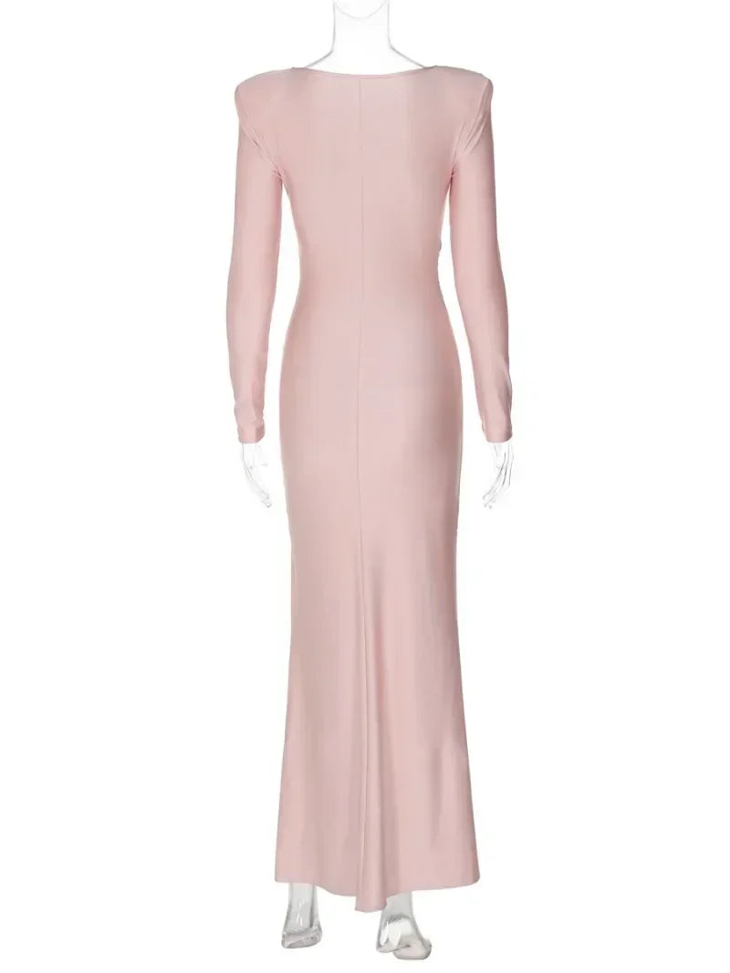 New Elegant High Waist Folds Long Maxi Pink Dresses for Women 2025 Chic O-neck Long Sleeve Tunics Slim Solid Party Evening Dress