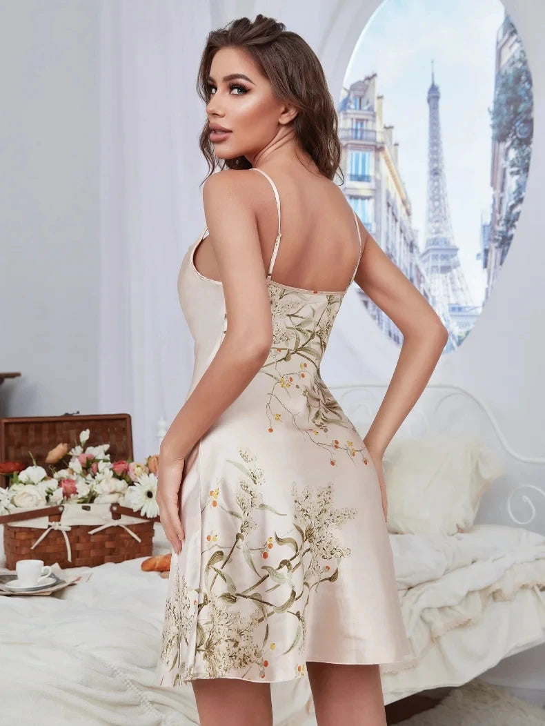 Print Twinset Robe Suit Womens Satin Chemise Nightgown Kimono Bathrobe Gown Set Summer Sexy Loungewear V-Neck Sleepwear