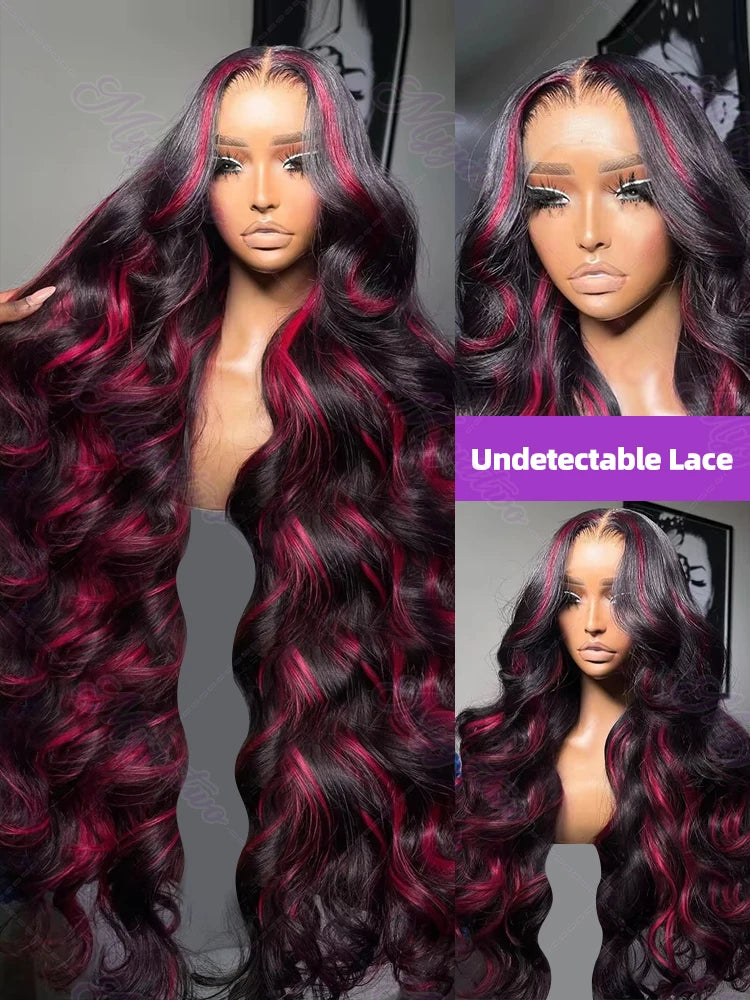 1b/99j Burgundy Highlight Body Wave 13x4 HD Lace Front Human Hair Wig Brazilian 30 32 Inch Colored 13x6 Lace Frontal Wigs 200%