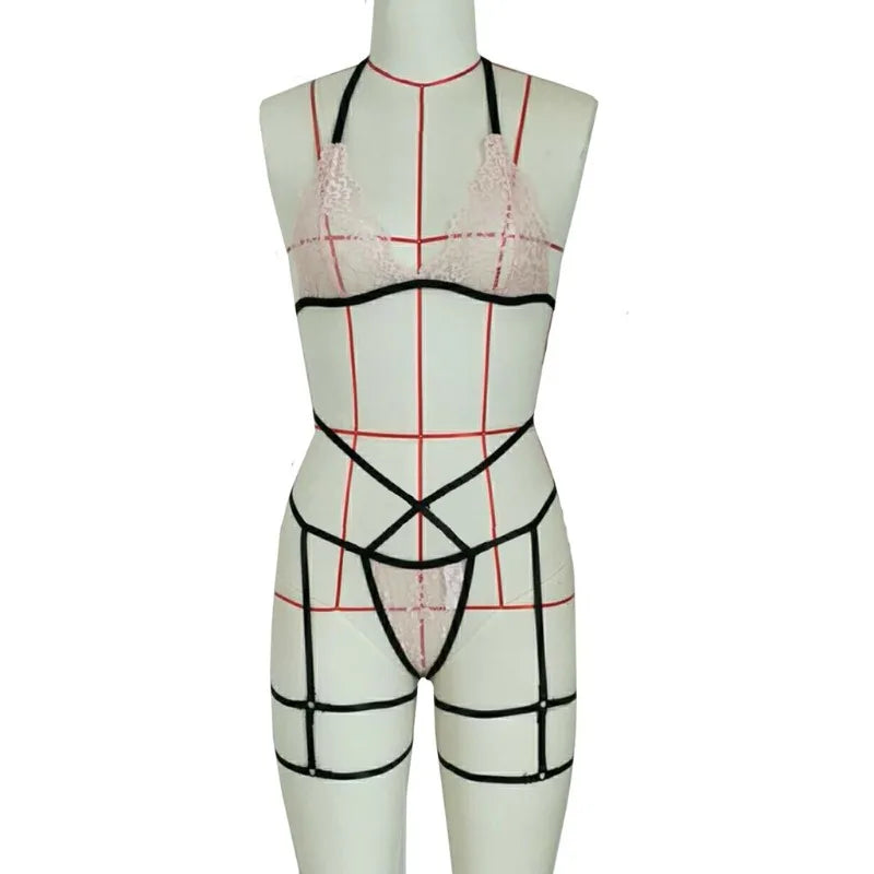 Tornova Sexy Halter Underwear Suit Women's Sexy Lace Mesh Patchwork Hollow Out Garters Lingerie Sexy Contrast Color Lingerie Set