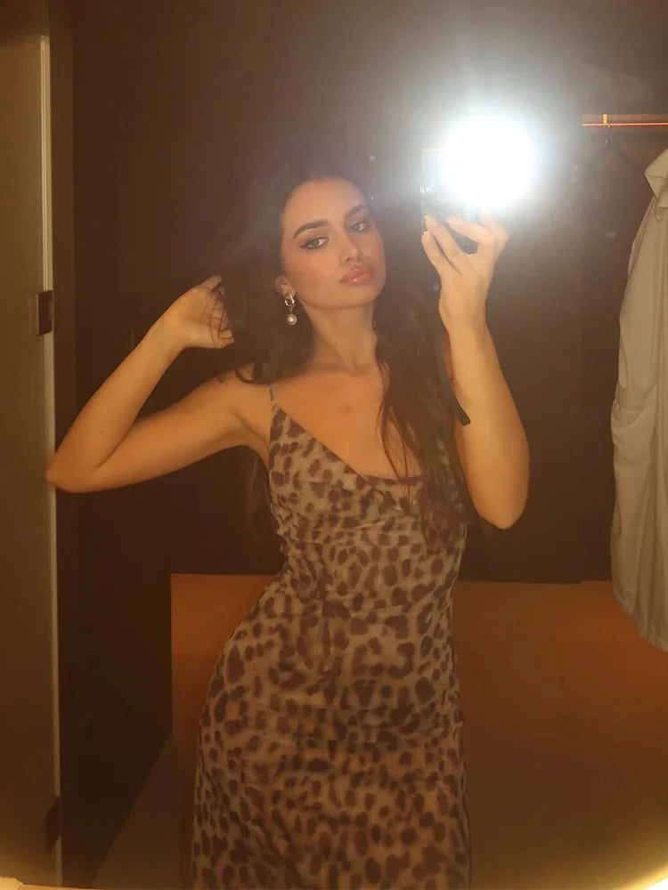 Mooyufon Leopard Print Dress Woman Summer Sexy Swing Collar Spaghetti Straps Backless Ruffles Party Clubwear Skinny Vestidos