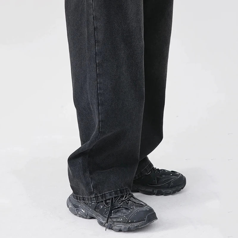 Men Classic Straight Leg Casual Jeans Male Brand Wide Leg Black Denim Pants Simple Vintage Outside High Street Denim Trousers