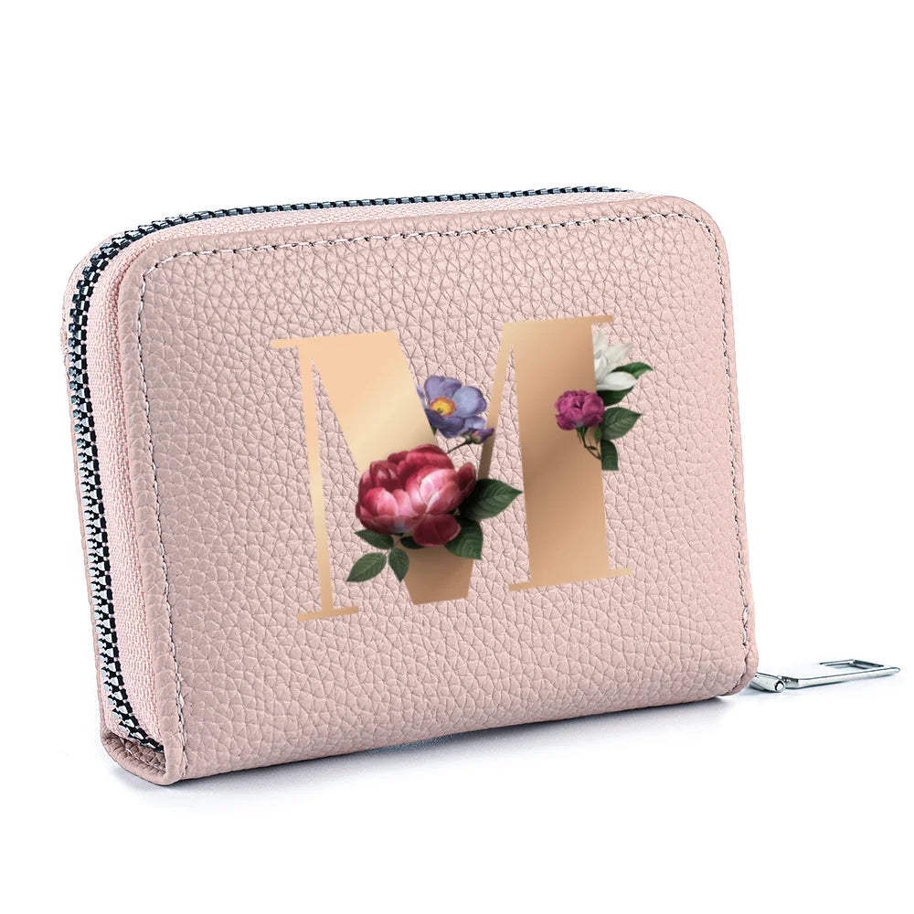 Fashionable Multi Functional 26-Letter Printed Pink Zipper Coin Purse And Credit Card Holder For Women