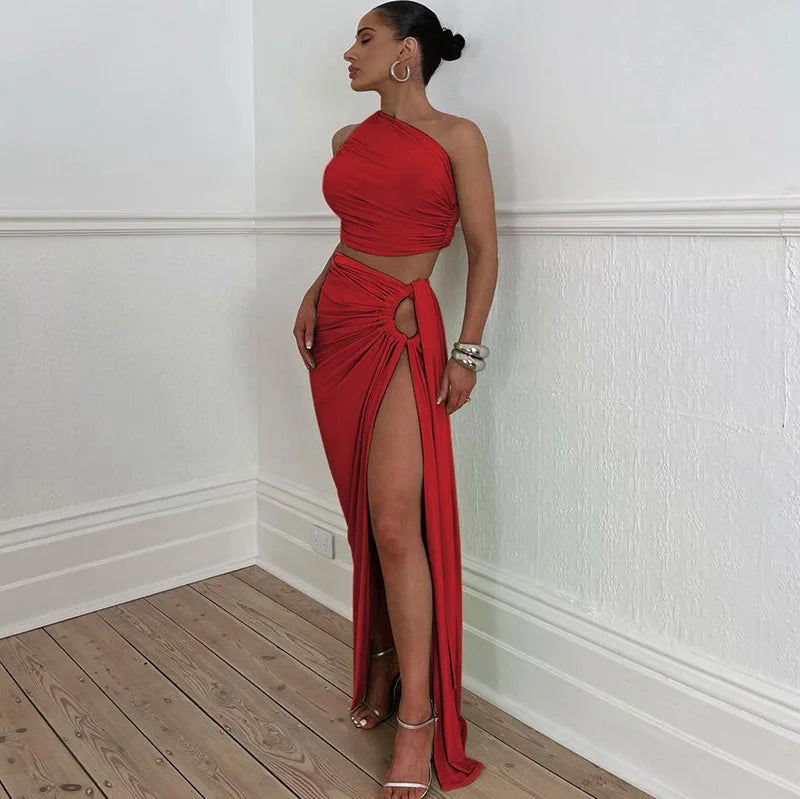 Ladies Summer 2 Pieces Set Women Sleeveless Backless Strap Spit Crop Top Side Slit Slim Long Skirt Evening Party Club Streetwear