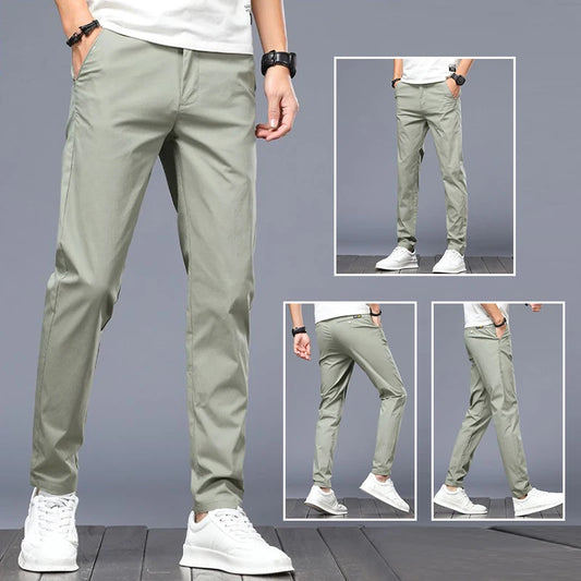 Men Ice Silk Casual Suit Pants Male Slim Fit Korean Style Blazer Pants Summer Thin Ankle Length Cropped Light Gray Trousers