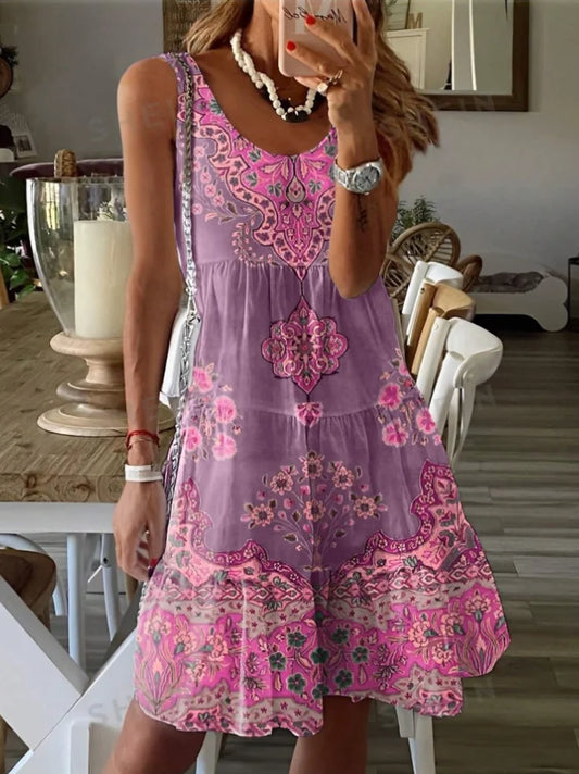 Printed pleated sleeveless V-neck dress